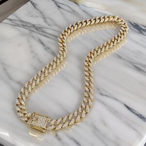 Yellow Rhinestone Studded Cuban Link Curb Chain Necklace Gold 15.7 inches Luxe